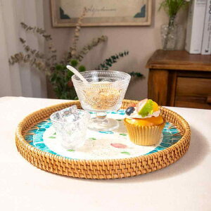 トレー ベトナム ラタン ハンドメイド 彩り貝殻 フルーツ 収納 ディスプレイ ティータイム 茶器 インテリア オブジェ 高級感 レトロ お盆