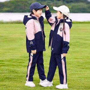 校服 キッズ 男女兼用 小学生 幼稚園 ウインドブレーカー 三点セット フルジップ フード付き ポリエステル 綿混 春秋 秋冬 カジュアル スポーツウェア