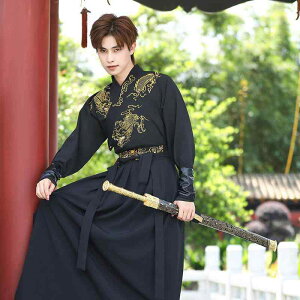 時代劇衣装 男女兼用 ユニセックス 武侠風 中華風 レトロ アンティーク風 貴公子風 コスプレ 舞台 イベント パフォーマンス ブラック 民族舞踊 ゲームテーマ