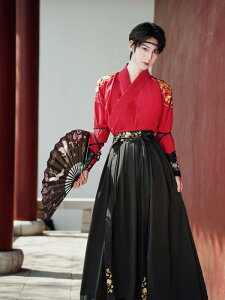 漢服 男女兼用 龍柄 金糸刺繍 交襟 武侠 古風 剣客 カップル ペア セットアップ 大きいサイズ シェニール スパンデックス 伸縮性 レッド ブラック 舞台衣装 コスプレ