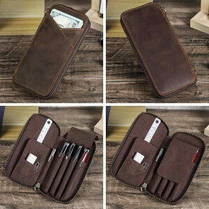 ペンケース 筆入れ 学生用 ユニセックス 男女兼用 本革 クレイジーホースレザー 多機能 ファスナー 手作り 4本収納 レトロ ブラウン ビジネス 通勤 通学 オフィス