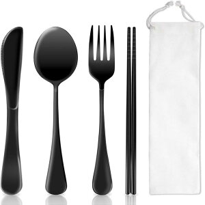 カトラリーセット アウトドア キャンプ ピクニック 携帯用 ナイフ フォーク スプーン 箸 4点セット チタンメッキ ブラック ステンレス製 大人用 モダン シンプル 洋食器