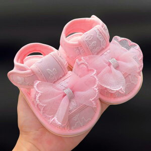 ベビーサンダル 女の子 ファーストシューズ 春夏 綿 コットン かわいい リボン レース つま先保護 滑り止め ソフトラバーソール アイボリー ピンク 淡色 よちよち歩き 室内履き 外履き