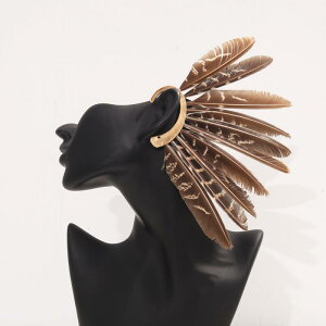 耳飾り イヤーカフ 片耳用 欧米風 個性的 大ぶり パンク調 七面鳥 フェザー 羽根 合金製 真鍮 ライトブラウン 茶色系 春夏(x2)