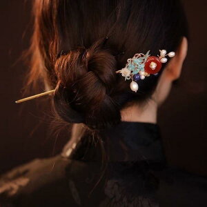 簪 キッズ レディース 赤 レッド 中華風 レトロ アンティーク 平安モチーフ 花柄 丸型 合金製 お団子ヘア まとめ髪 アップヘア 髪飾り ヘアアクセサリー 個性的