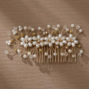 ヘアアクセサリー レディース 花嫁 ウェディング 結婚式 披露宴 パーティー お呼ばれ 手作り ビーズ 花 クリスタル パール ラインストーン ヘアコーム ゴールド レトロ アンティーク 高級感
