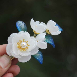 髪飾り レディース 古風 レトロ アンティーク 琉璃 ガラス細工 山茶花 フラワー ヘアクリップ サイドクリップ 漢服 中華風 衣装 和装 髪留め かわいい ホワイト イエロー(x2)