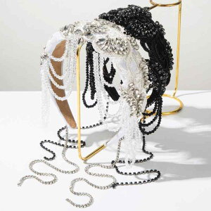 カチューシャ ヘアバンド レディース 女性用 宮廷風 ベルベット生地 幾何学模様 ラインストーン装飾 ビーズ タッセル 手縫い 精巧デザイン 滑り止め パーティー 結婚式 ブラック ホワイト