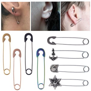 ピアス ステンレス サージカルステンレス 個性的 ユニーク クリエイティブ 安全ピン クリップ 梅モチーフ アックス 細身 普段使い カジュアル スチール ブラック ゴールド レインボー ロー