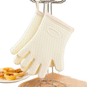 耐熱手袋 オーブンミトン シリコン製 厚手 キッチン 料理 調理用 断熱 滑り止め加工 五本指 電子レンジ対応 鍋つかみ 高温対応 両手セット ベージュ