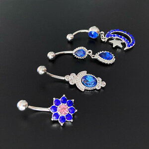 へそピアス 男女兼用 ロイヤルブルー 花 星 月 水滴 ジルコニア ステンレス製 キラキラ セット 欧米スタイル ヘソリング ボディピアス 普段使い おしゃれ 高級感(x5)