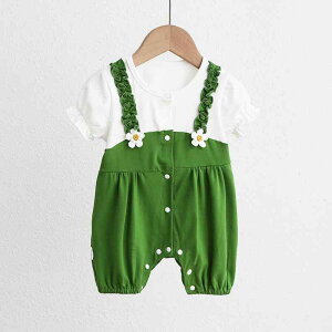 ロンパース カバーオール 女の子 新生児 ベビー 赤ちゃん 綿 薄手 半袖 春夏 グリーン ニット フェイクツーピース 重ね着風 1歳 誕生日 ファーストバースデー お宮参り 記念写真 セレモニー