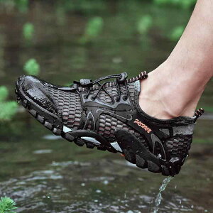 アクアシューズ メンズ 水陸両用 登山靴 メッシュ 通気性 軽量 防滑 紐タイプ ラウンドトゥ ラバーソール アウトドア スポーツ カジュアル ブラック グレー 春夏