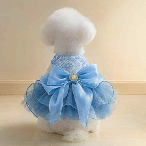 ペットウェア 犬 猫用 ふわふわチュール ウェディングドレス ブルー星空 結婚式 パーティー ポリエステル プリンセスライン おしゃれ かわいい