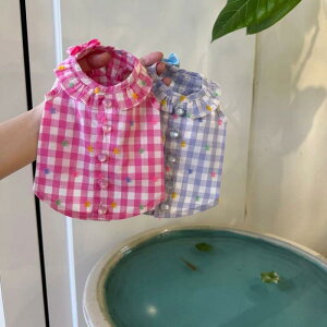 ペット服 小型犬 犬猫兼用 春夏 薄手 チェック柄 パフスリーブ シャツ ポリエステル ビションフリーゼ トイプードル シュナウザー