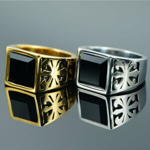 指輪 メンズ 男性用 十字架 碇モチーフ ブラックストーン 耐久性 チタン鋼製 レトロ ヴィンテージ 欧米風 個性的 普段使い ファッションアクセサリー