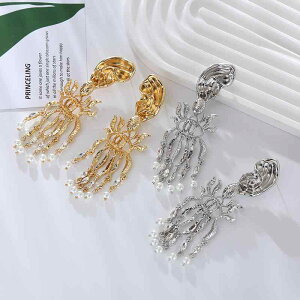 ピアス レディース 女性用 欧米風 レトロ ロング フリンジ パール パール 大ぶり ボリューム 個性的 メタル ゴールド シルバー S925シルバーポスト 合金製 ドロップ型 冬
