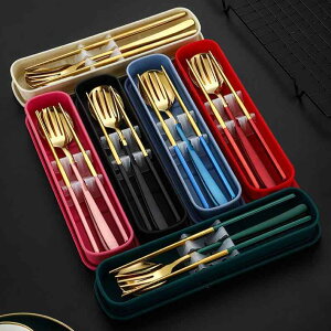 カトラリー ステンレス鋼 韓国式 ポータブル スプーン 箸 フォーク 3点セット 収納ケース付き 学生用 通学用 弁当 ランチ オフィス おしゃれ シルバー ゴールド(x2)