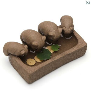 茶器飾り 4匹セット 水を飲む子豚 紫砂 茶寵 置物 縁起物 癒し 茶道具 卓上飾り インテリア雑貨 かわいい ミニチュア 上質 陶器