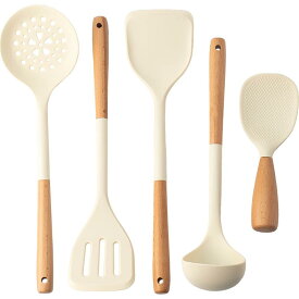 キッチンツール 調理器具セット 食品用シリコン製 フライ返し お玉 しゃもじ 穴あきターナー 穴あきお玉 耐熱 滑り止め フッ素加工鍋対応 火傷防止 木製ハンドル