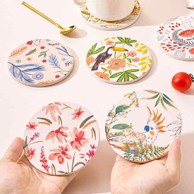 コースター 木製 陶器 吸水性 断熱性 花柄 円形 6枚セット スタンド付き 家庭用 食卓 キッチン ダイニング モダンデザイン カラフル おしゃれなインテリア