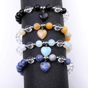 ブレスレット 男女兼用 天然石 パワーストーン オブシディアン 黄玉 オパール タイガーアイ 水晶 縞瑪瑙 ミックス ハートペンダント ハンドメイド
