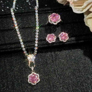 アクセサリー レディース ピンクジルコニア オクタゴン ローズカット パヴェ ネックレス ペンダント 調節可能 指輪 ピアス 銅製 電気メッキ加工 高級感 ファッション 通勤 オフィス