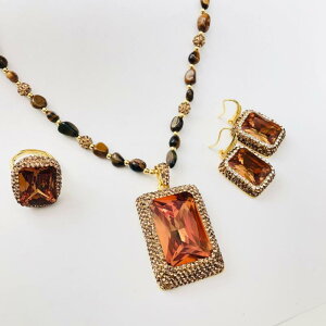 ジュエリー レディース カラーチェンジング スルタン石 ジルコニア装飾 レトロ調 上品 エレガント タイガーアイチェーン ネックレス 指輪 ピアス