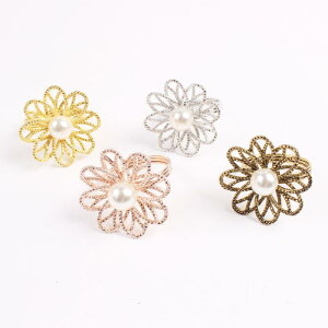 ナプキンリング パール 透かし彫り 透かし模様 フラワー 亜鉛合金 電気メッキ加工 洋風 エレガント ホテル 結婚式 パーティー 食卓 飾り 金 銀 ローズ アンティークゴールド(x6)