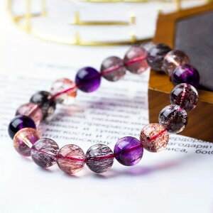 ブレスレット 天然石 スーパーセブンクォーツ 紫ルチルクォーツ ゴールドストロベリークォーツ 丸玉数珠 ヒーリング パワーストーン お守り ラッキーアイテム 幸運 健康 開運 男女兼用 ギ