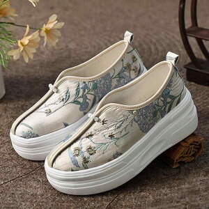 靴 レディース シューズ 和風 レトロ 厚底 プラットフォームスニーカー 刺繍 キャンバス 柔らかソール 通気性 クッション性 ラウンドトゥ ローカット カジュアル 馬面スカート 漢服スタイル