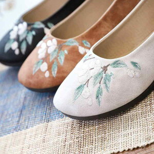 スリッポン パンプス レディース フラットシューズ 花柄 刺繍 ローヒール ラウンドトゥ 靴 合成皮革 ぺたんこ 痛くない 履きやすい カジュアル 森ガール風 ナチュラル 和風 普段使い お出か