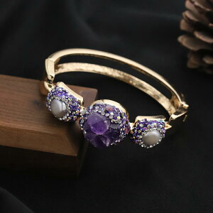 ブレスレット レディース 天然石 アメジスト バロック ラウンド バングル オリジナルデザイン 欧米風 重厚感 多用途 普段使い カジュアル 春夏 電気メッキ加工 パープル