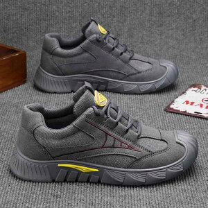 スニーカー メンズ 男性用 ワークシューズ 耐摩耗性 軽量 通気性 メッシュ 滑り止め 衝撃吸収 クッション性 カジュアル 作業靴 ローカット レースアップ 春秋 カーキ グレー