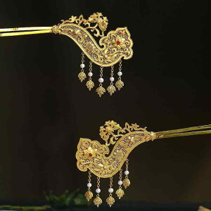 かんざし 簪 銅製 金メッキ ゴールドカラー パール パール 髪飾り 透かし彫り 花細工 古風 アンティーク 中華風 和装 結婚式 フォーマル イベント ヘアアクセサリー 一本挿し