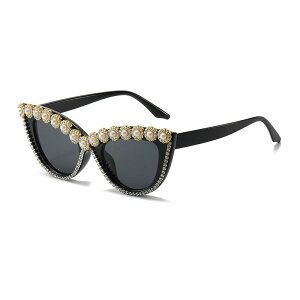 サングラス キャッツアイ ラインストーン UVカット フラワーモチーフ チェーン ハンドメイド 個性的 ファッション おしゃれ PC素材 ブラック ヒョウ柄 ドライブ レジャー パーティー
