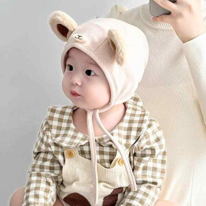 ベビー帽子 乳幼児 赤ちゃん 新生児 イヤーフラップキャップ 秋冬 あったか 防寒対策 綿 コットン かわいい くま耳 動物モチーフ 耳あて付き ピンク ブルー ベージュ カーキ
