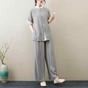 チャイナ服 レディース 女性用 太極拳 練習 演武 瞑想 茶道 レトロ 高級感 ゆったり 薄手 上下セット ツーピース 春夏 ポリエステル 混紡