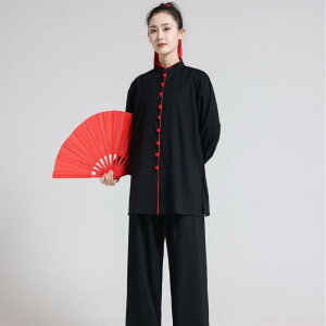 太極拳服 男女兼用 伸縮性 綿麻 武術着 演武服 八段錦 気功着 練習着 健康体操 トップス ボトムス セット 無地 ブラック 春夏秋 大人用