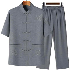 唐装 太極拳服 メンズ 男性用 中高年 シニア 春夏 セットアップ 半袖 ロングパンツ 軽量 薄手 通気性 カジュアル 普段着 上下セット
