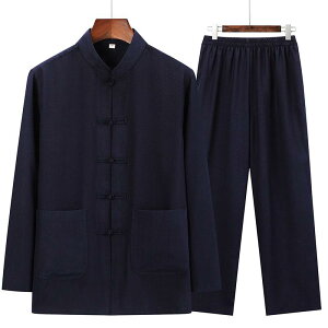 チャイナ服 メンズ 中高年 紳士用 長袖 セットアップ 上下セット 綿麻 リネンブレンド 太極拳ウェア 中国風 普段使い カジュアルスタイル リラックスウェア ゆったり 無地