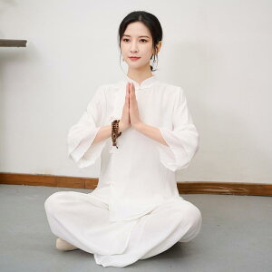 セットアップ レトロ コットンリネン 禅風 太極拳ウェア ヨガウェア 練習着 座禅 瞑想 上下セット 白 ピンク 中国風 茶道服 民族衣装 春夏