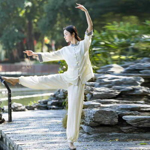 チャイナ服 セットアップ 春秋 レトロ 中国風 盤ボタン 綿麻 禅茶 居士 太極拳 練習着 民族舞踊 リラックスウェア 上下セット ベージュ グレー