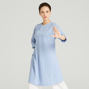 太極服 レディース 春夏 斜め襟 前合わせ リネン 麻素材 通気性 上下セット 武術服 太極拳服 練習着 演舞 稽古 普段使い ユニフォーム ライトブルー ピンク グリーン