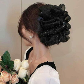 バンスクリップ レディース ふわふわ雲 ダブル ビッグリボン チュール メッシュ ラインストーン かわいい フェミニン 髪留め ヘアアクセサリー ブラック アイボリー 後ろ髪 まとめ髪