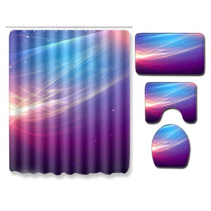 バスマット 4点セット シャワーカーテン トイレマット 足元マット 長方形 おしゃれ モダン ラインデザイン ポリエステル 洗濯機対応 吸水 滑り止め お風呂 洗面所 トイレ