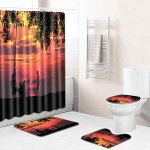バスルームセット 風景柄 シャワーカーテン バスマット トイレマット類 4点セット ポリエステル製 丸洗い可能 洗濯機対応 浴室 洗面所 トイレ用 おしゃれ インテリア