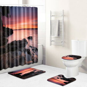 バスルームセット 風景シャワーカーテン フロアマット トイレマット 4点セット ポリエステル繊維 浴室用 トイレ用 洗える 丸洗い 滑り止め 長方形 ライトグリーン モダン シンプル