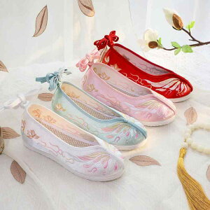 靴 シューズ レディース 春夏 古風 中華風 和風 民族柄 刺繍 布製 インヒール スタイルアップ 滑り止め 合成皮革 ゴム底 ローカット ラウンドトゥ 浅履き レースアップ アンクルストラップ