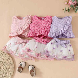 ベビー服 女の子 夏 ノースリーブ フリル ショート丈トップス ウエストベルト 蝶々 チュールスカート かわいい ツーピース 2点セット ポリエステル やわらか素材 おしゃれ お出かけ着